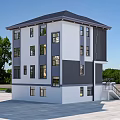 Modern Three Story Detached Villa With Balconies Garage And Green Trees