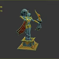 Fantasy Game Character With Blue Hair Red Cape Holding Flaming Bow On Golden Pedestal
