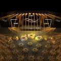 Elegant Stage Setup With Golden Lighting Beams LOGO And Round Tables