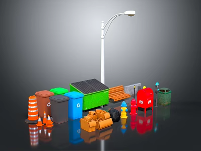 Urban Street Facilities With Street Lamp Colorful Trash Bins Traffic Cones And Bench 3d model