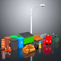 Urban Street Facilities With Street Lamp Colorful Trash Bins Traffic Cones And Bench