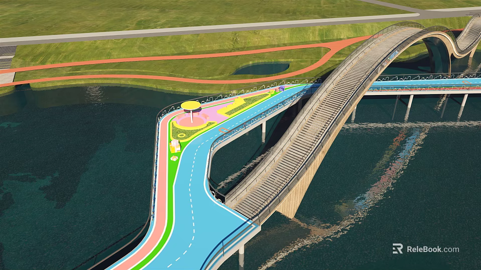 Scenic Multifunctional Bridge With Colorful Walking Cycling Lanes Over Water And Green Grass Areas 3d model 
