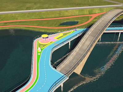 Scenic Multifunctional Bridge With Colorful Walking Cycling Lanes Over Water And Green Grass Areas 3d model