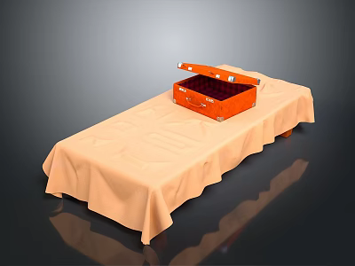 Double Bed With Beige Bed Sheet And Open Orange Suitcase On Top With Wooden Legs 3d model