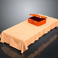 Double Bed With Beige Bed Sheet And Open Orange Suitcase On Top With Wooden Legs