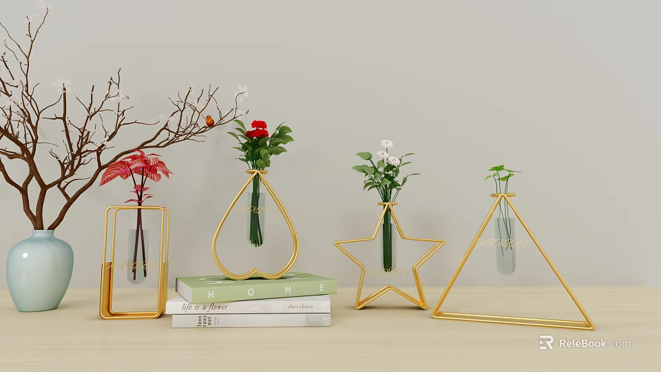 Geometric Golden Vases With Fresh Flowers And Green Leaves On Stacked Books 3d model 