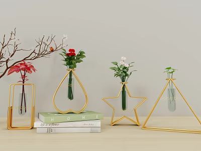 Geometric Golden Vases With Fresh Flowers And Green Leaves On Stacked Books 3d model