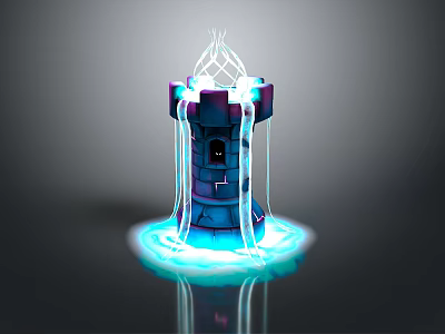 Cartoon Style Magical Tower With Blue Glowing Lights And White Energy Lines 3d model