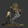Female Character With Mechanical Walker Figure Green Red Details And Weapon On Circular Base