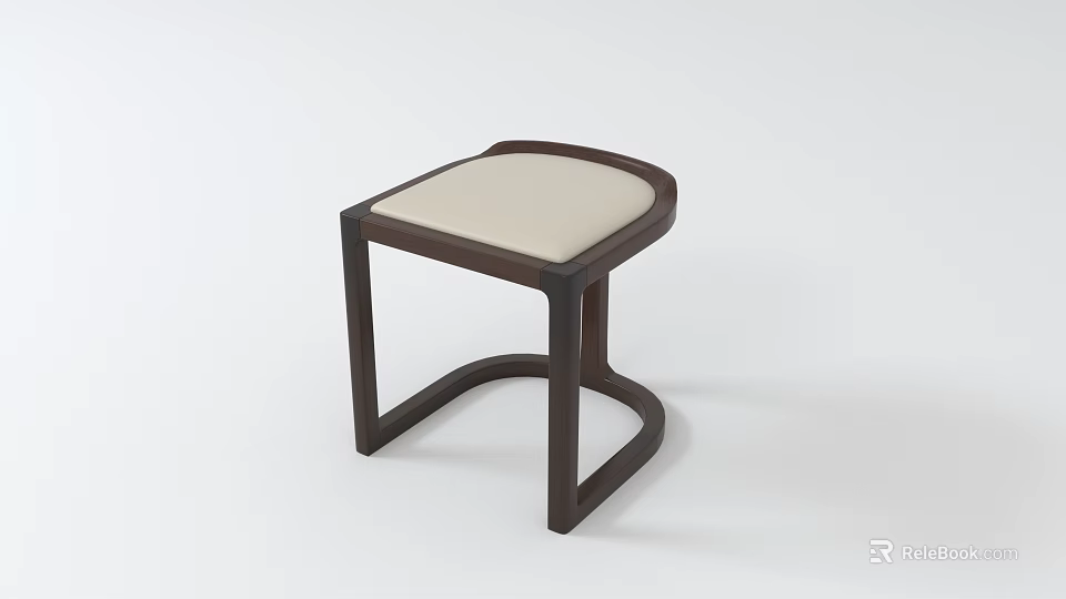 Modern Wooden Stool With Curved Legs And Beige Padded Upholstered Seat Design 3d model 