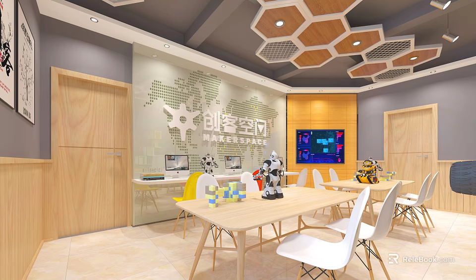 Modern Public Office Space With Wooden Tables White Chairs Digital Screen And Creative Wall Design 3d model 