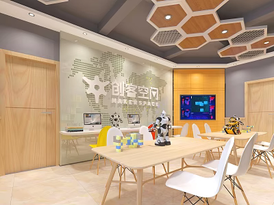 Modern Public Office Space With Wooden Tables White Chairs Digital Screen And Creative Wall Design 3d model
