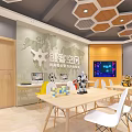 Modern Public Office Space With Wooden Tables White Chairs Digital Screen And Creative Wall Design