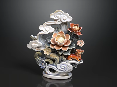 Ornamental Decorative Set with Cloud Motifs Peony Flowers and Fox Figure on Base 3d model