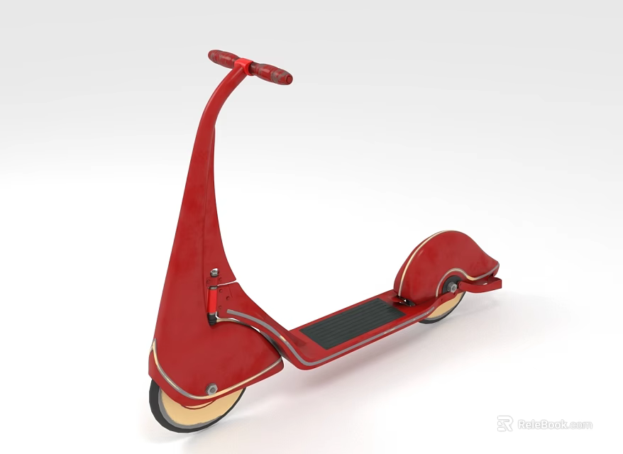 Stylish Red Vintage Scooter With Curved Handlebar Yellow Wheels And Black Pedal 3d model 