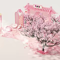 Pink Themed Decorative Scene With Cherry Blossom Tree Traditional Architecture And Lanterns