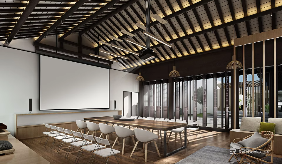 Conference Room Interior With Large White Projection Screen Wooden Table White Chairs And Natural Light 3d model 
