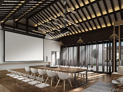 Conference Room Interior With Large White Projection Screen Wooden Table White Chairs And Natural Light 3d model