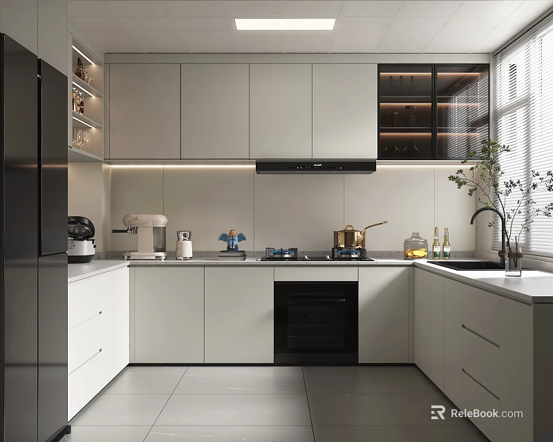 Modern Kitchen Interior Design With White Cabinets Black Appliances Countertop Lighting And Window Plant 3d model 