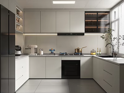 Modern Kitchen Interior Design With White Cabinets Black Appliances Countertop Lighting And Window Plant 3d model