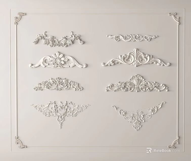 White Decorative Carvings With Various Ornamental Designs For Furniture And Architectural Trim 3d model 
