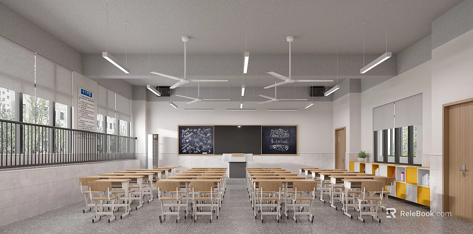 School Classroom Interior With Wooden Desks Chairs Blackboards Ceiling Fans And Lighting 3d model 