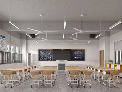 School Classroom Interior With Wooden Desks Chairs Blackboards Ceiling Fans And Lighting 3d model