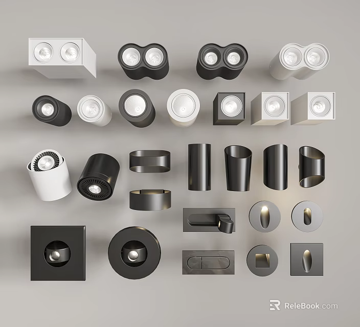 Different Types of Downlights and Spotlights Modern Designs in Black and White for Home Lighting 3d model 