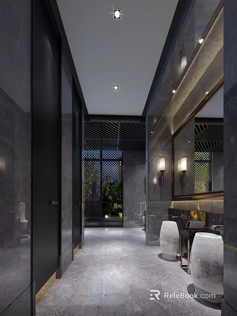 Elegant Modern Public Restroom Featuring Dark Stone Large Mirror Wall Lamps Lattice Window And Greenery 3d model 