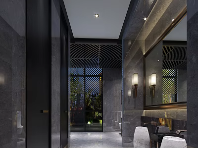 Elegant Modern Public Restroom Featuring Dark Stone Large Mirror Wall Lamps Lattice Window And Greenery 3d model