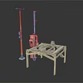 Industrial Metal Equipment Setup With Tall Pole Wheeled Machinery And Frame Platform