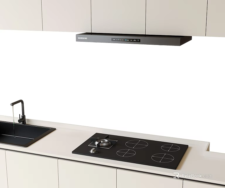 Modern Kitchen Appliances Featuring Stainless Steel Range Hood Cooktop Sink And Countertop 3d model 