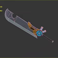 Mechanical Sword Design With Orange Handle Blue Glowing Element And Curved Blade