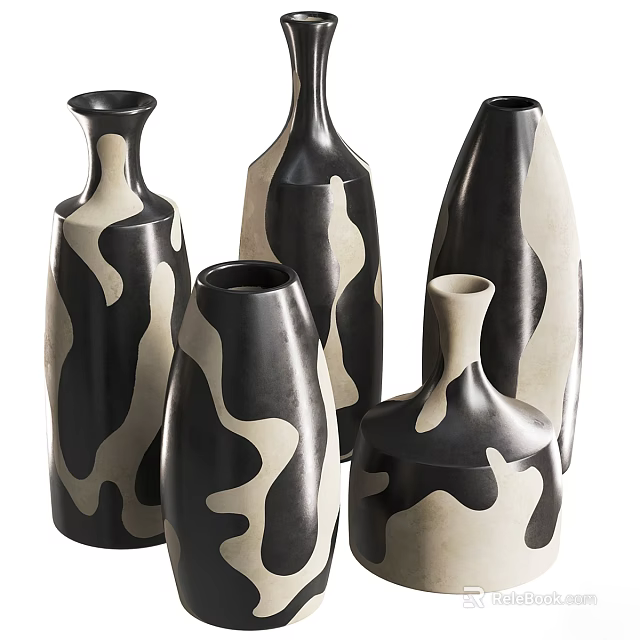 Ceramic Vases With Modern Black And White Marbled Design For Home Decor 3d model 