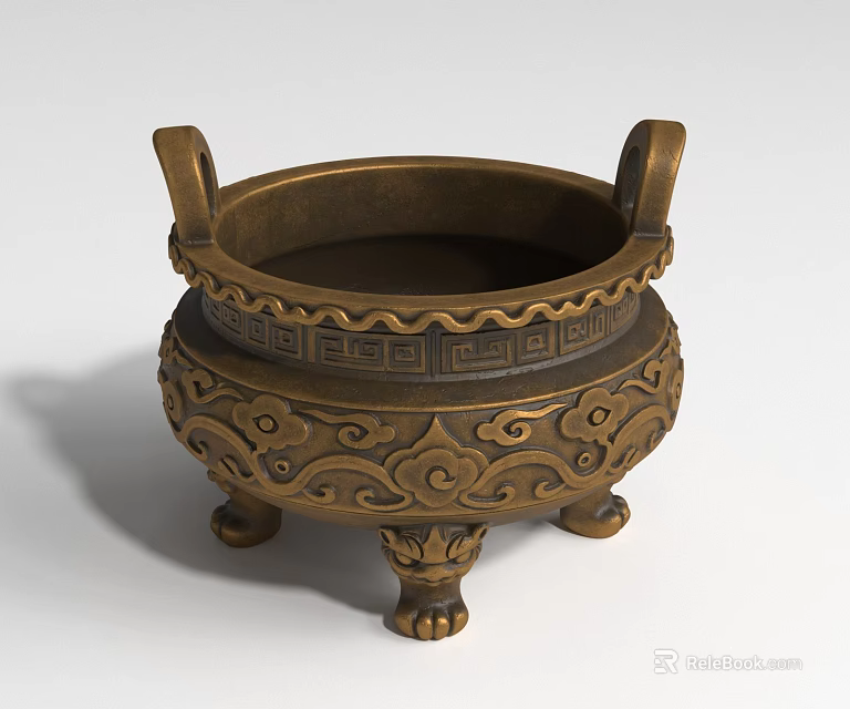 Traditional Ceramic Vessel With Three Legs Double Ears And Intricate Classical Carvings 3d model 