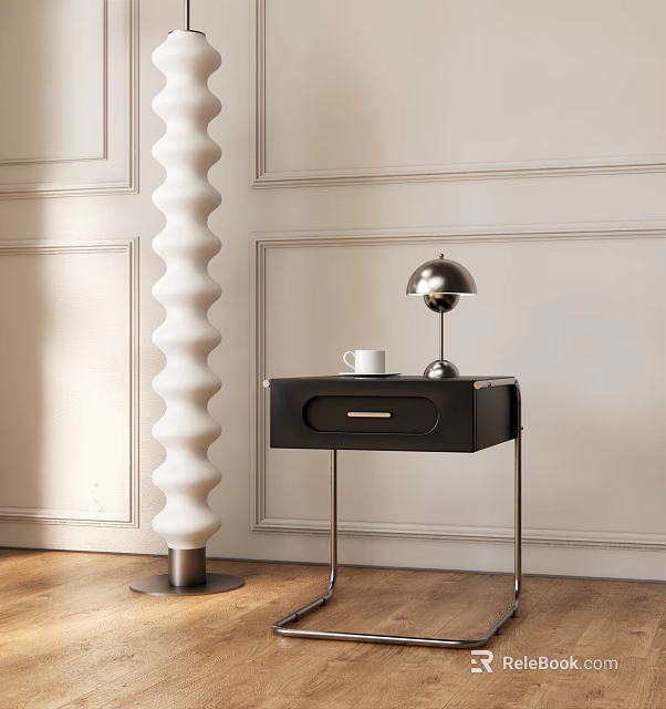 Black Nightstand with Drawer Silver Lamp and White Cup on Light Wainscoting Wall Wooden Floor 3d model 