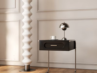 Black Nightstand with Drawer Silver Lamp and White Cup on Light Wainscoting Wall Wooden Floor 3d model