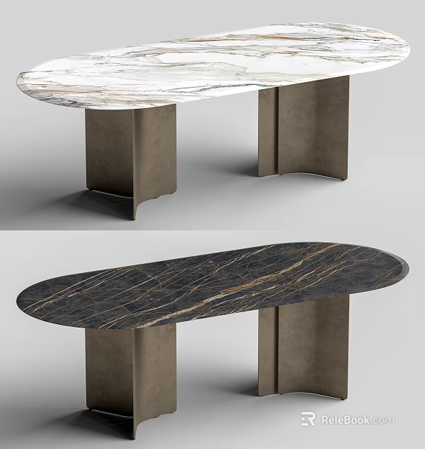 Modern Oval Dining Table With Marble Top And Metal Legs Design 3d model 
