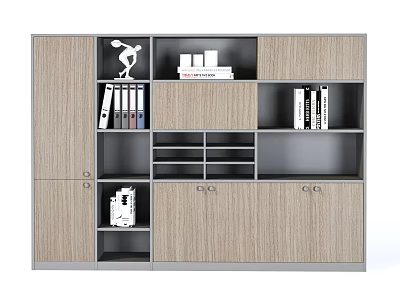 Modern Wooden Bookcase With Multiple Compartments Open Shelves And Cabinet Doors 3d model