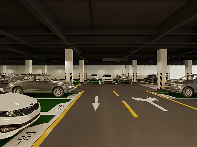 Organized Underground Parking Lot With Parked Cars Directional Arrows Marked Spaces And White Columns 3d model