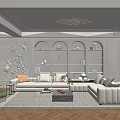 Elegant Modern Living Room Interior With White Sofa Green Armchair Niche Shelves And Carved Ceiling