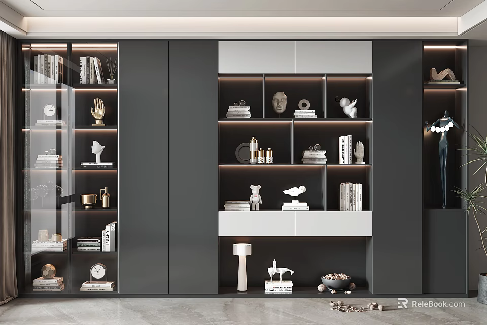 Modern Luxury Bookcase Design With Glass Doors Black White Finish And Decorative Items Books 3d model 