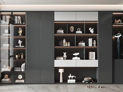 Modern Luxury Bookcase Design With Glass Doors Black White Finish And Decorative Items Books 3d model