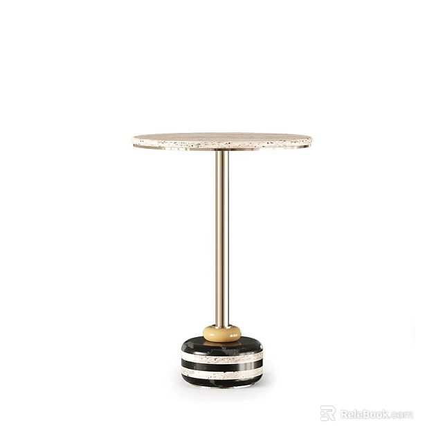 Modern Side Table with Speckled Marble Top and Gold Metal Legs Black White Striped Base 3d model 