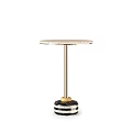 Modern Side Table with Speckled Marble Top and Gold Metal Legs Black White Striped Base
