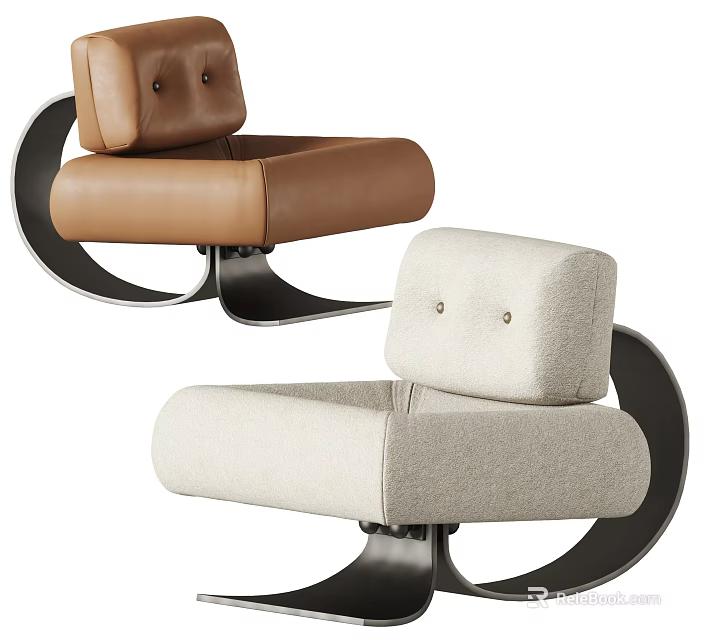 Brown And Beige Accent Chairs With Leather Fabric Upholstery And Curved Metal Base 3d model 