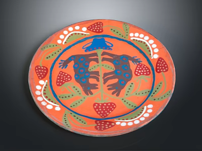 Ceramic Decorative Plate With Orange Background Blue Floral Design Red Strawberry Green Leaf White Dots 3d model