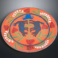 Ceramic Decorative Plate With Orange Background Blue Floral Design Red Strawberry Green Leaf White Dots