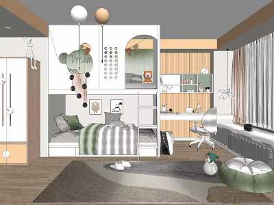 Kids Room Interior Design With Bunk Bed Desk Chair Green Decor Rug And Storage Cabinets 3d model