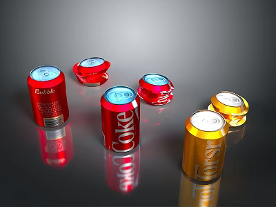 Red And Gold Coke Fanta Carbonated Beverage Cans On Reflective Surface 3d model